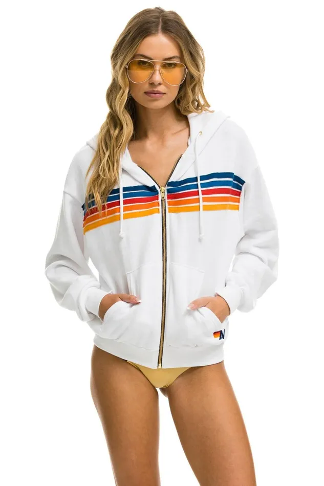 MenWomen Tops Aviator Nation 5 STRIPE RELAXED ZIP HOODIE 8211 WHITE 2