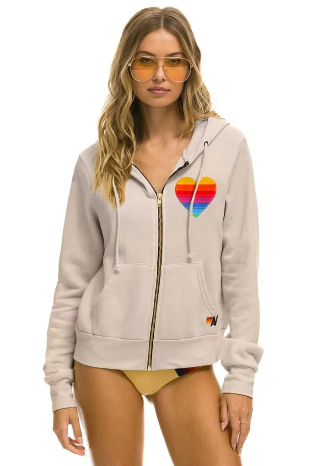MenWomen Tops Aviator Nation RAINBOW HEART STITCH ZIP HOODIE 8211 SAND