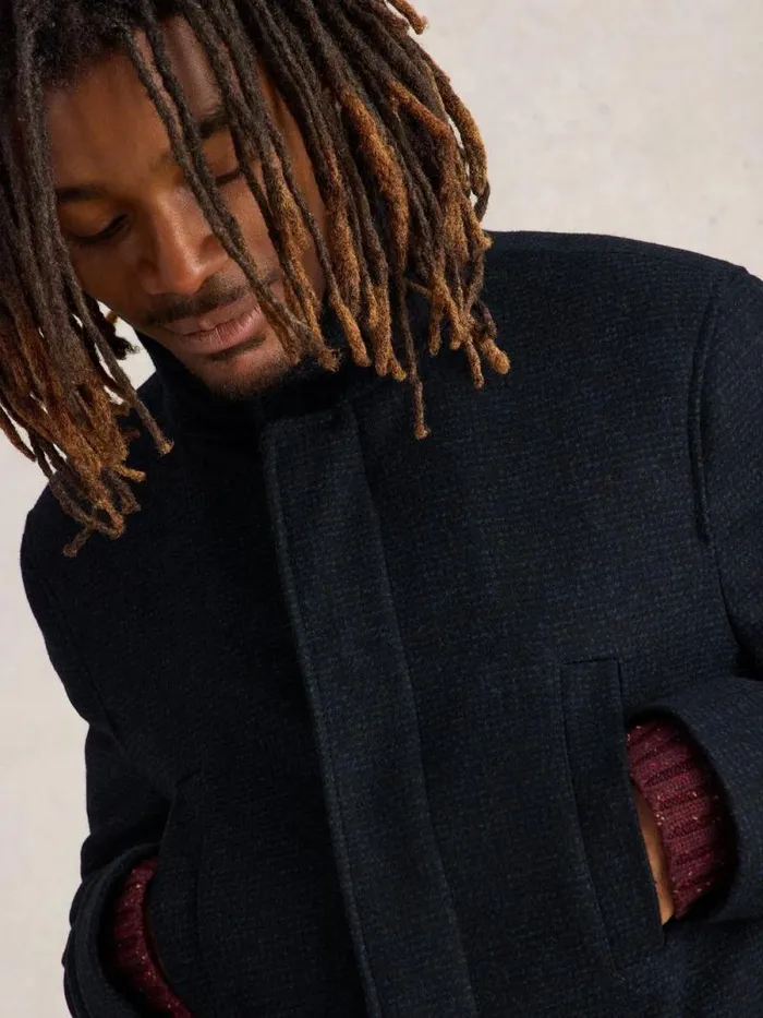 Men Wool Funnel Neck Coat Dark Navy White Stuff Coats and Jackets