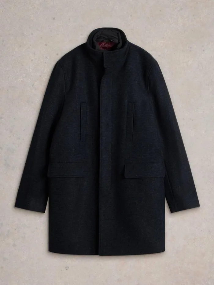 Men Wool Funnel Neck Coat Dark Navy White Stuff Coats and Jackets