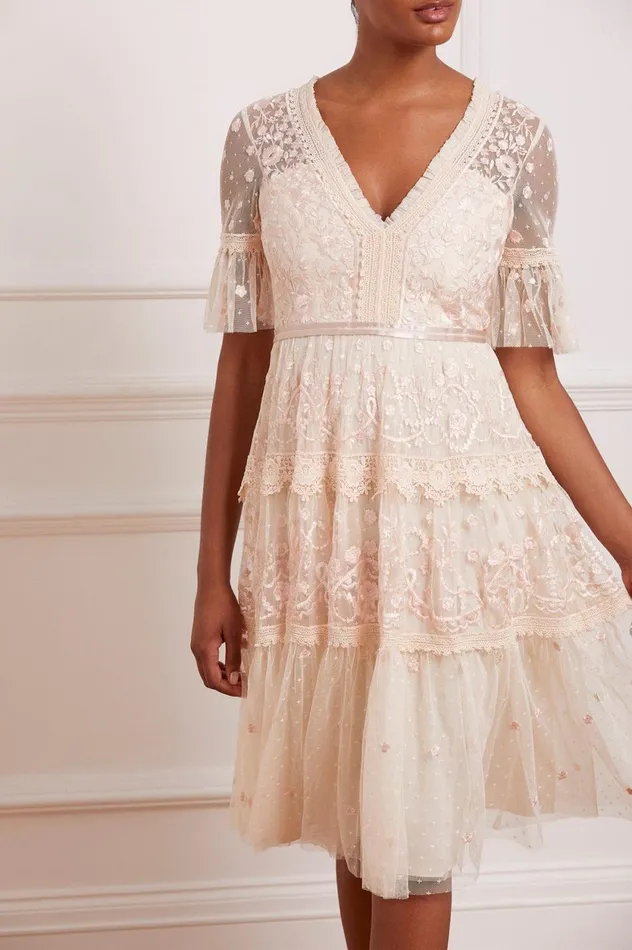 Midsummer Lace Dress Champagne Women Needle and Thread Dresses