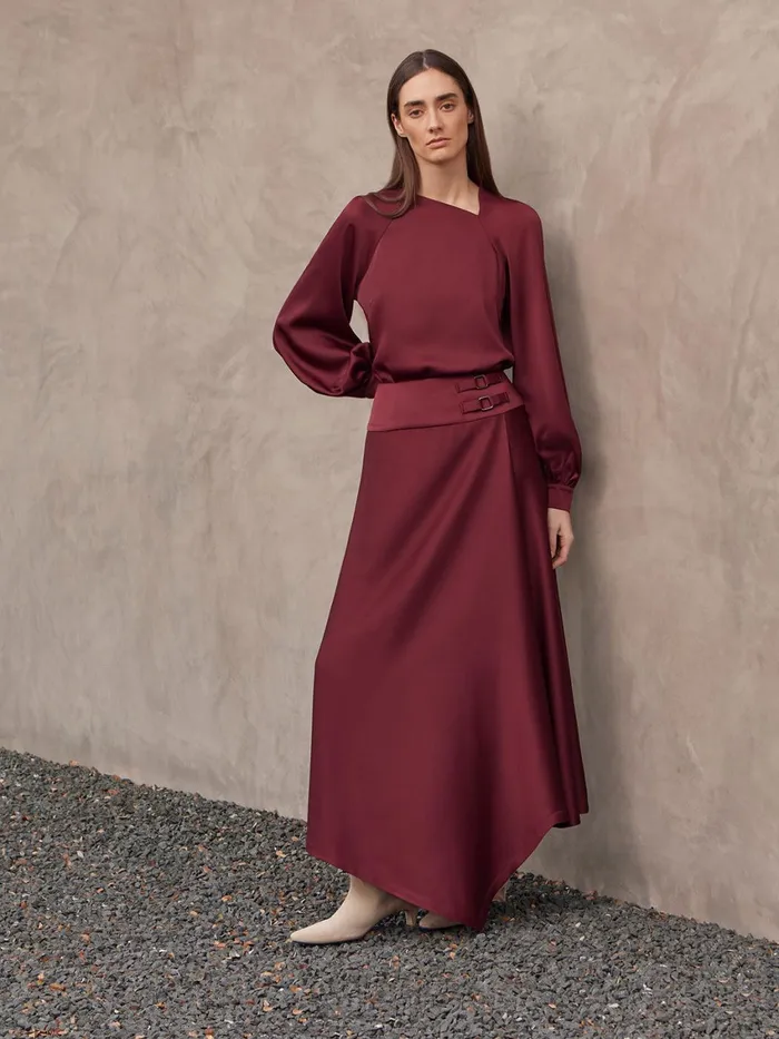Misook Asymmetrical Crepe De Chine Maxi Skirt Women Skirts
