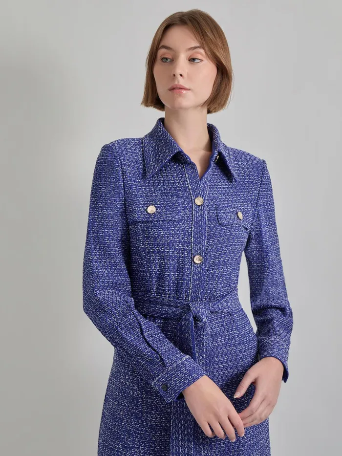 Misook Belted Button Front Tweed Knit Midi Dress Women Dresses