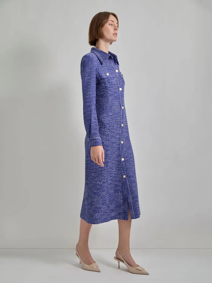Misook Belted Button Front Tweed Knit Midi Dress Women Dresses