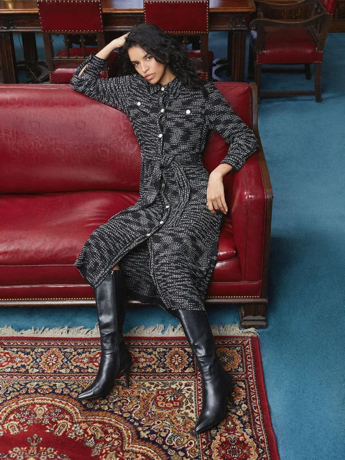 Misook Belted Button Front Tweed Knit Midi Dress Women Dresses