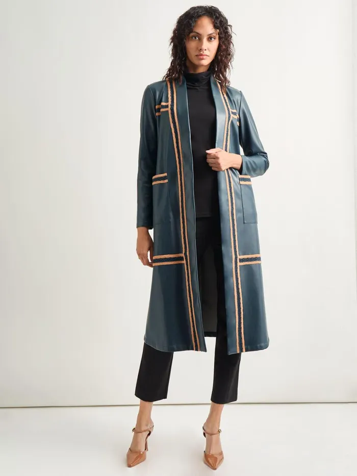 Misook Belted Long Vegan Leather Jacket Women Jackets and Coats