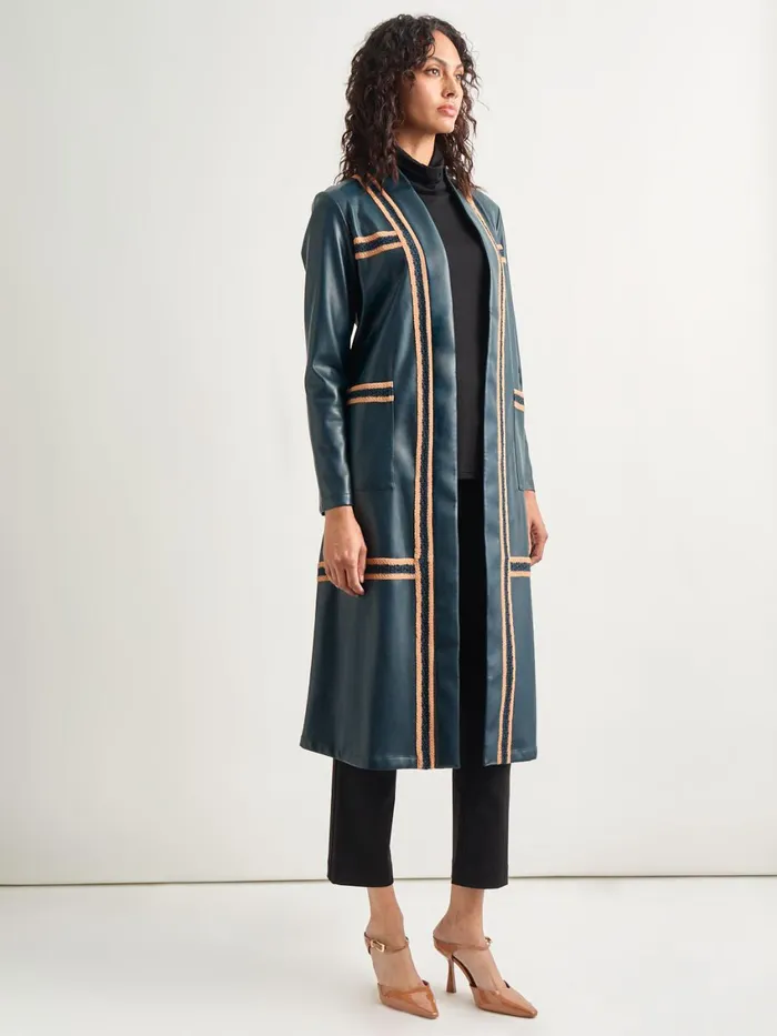Misook Belted Long Vegan Leather Jacket Women Jackets and Coats