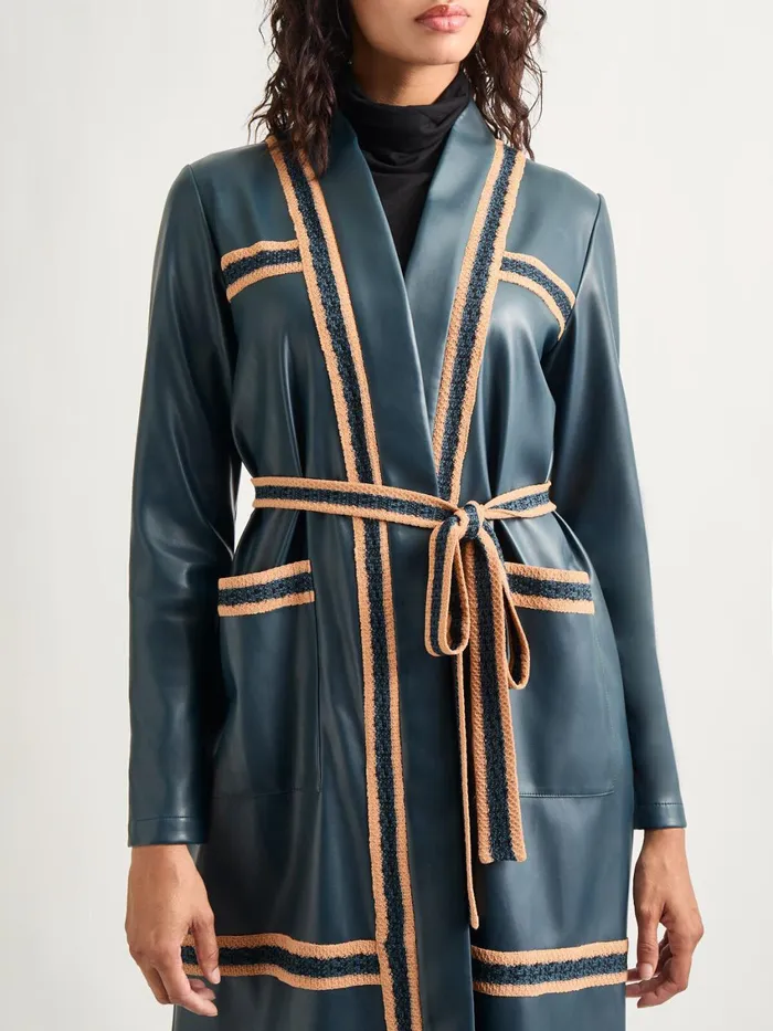 Misook Belted Long Vegan Leather Jacket Women Jackets and Coats