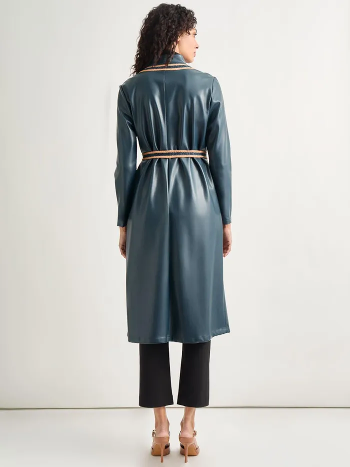 Misook Belted Long Vegan Leather Jacket Women Jackets and Coats