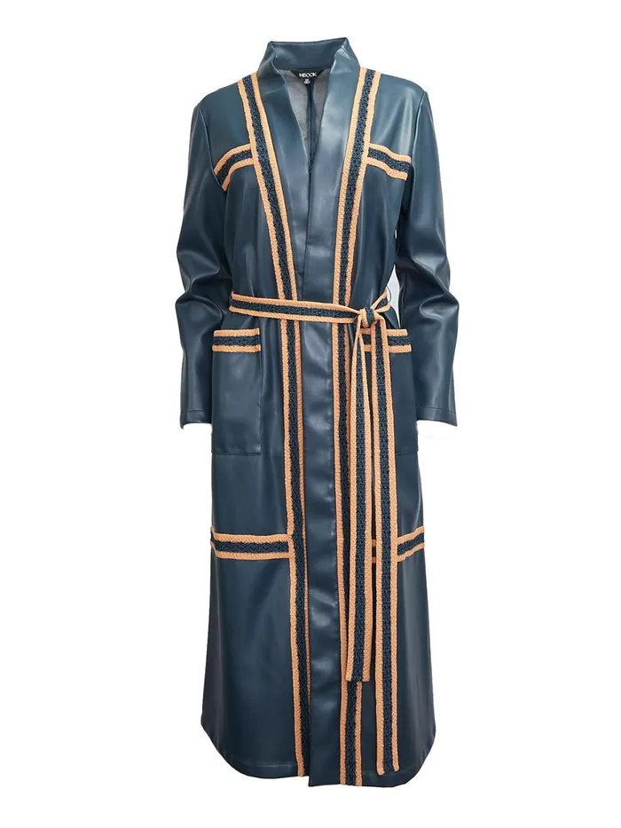 Misook Belted Long Vegan Leather Jacket Women Jackets and Coats