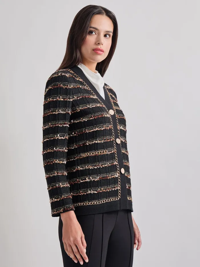 Misook Chain Trim Lurex Knit Jacket Women Jackets and Coats Misook Chain Trim Lurex Knit Jacket Women Jackets and Coats