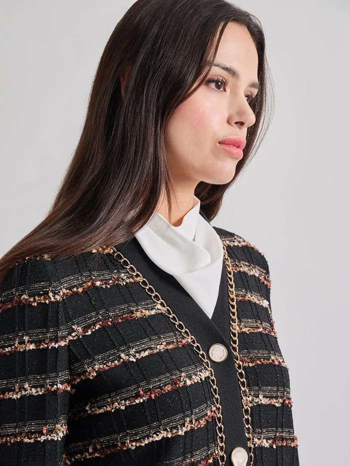 Misook Chain Trim Lurex Knit Jacket Women Jackets and Coats Misook Chain Trim Lurex Knit Jacket Women Jackets and Coats