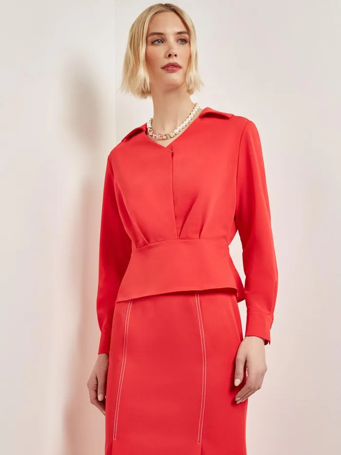Misook Collared Surplice Neck Blouse 8211 Peplum Woven Women Tops and Tees
