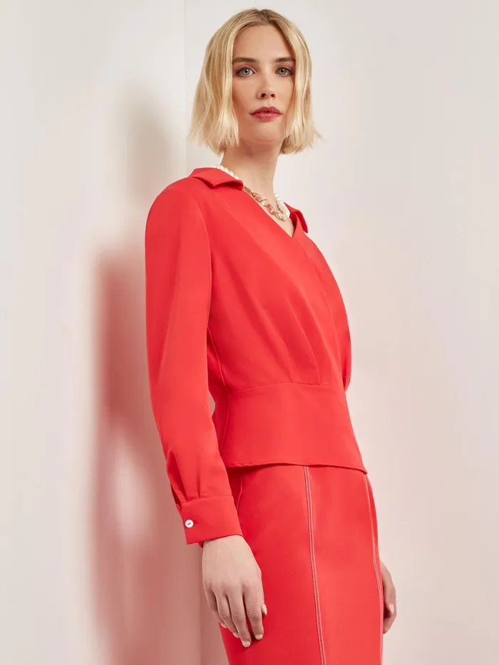 Misook Collared Surplice Neck Blouse 8211 Peplum Woven Women Tops and Tees