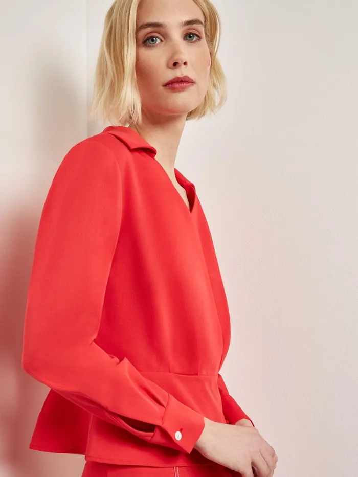 Misook Collared Surplice Neck Blouse 8211 Peplum Woven Women Tops and Tees