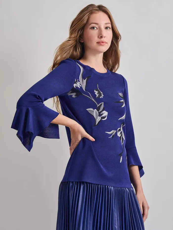Misook Embroidered Floral Knit Blouse Women Tops and Tees