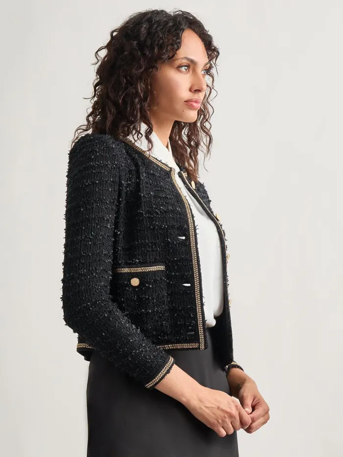 Misook Heritage Fit Double Chain Trim Eyelash Knit Jacket Women Jackets and Coats