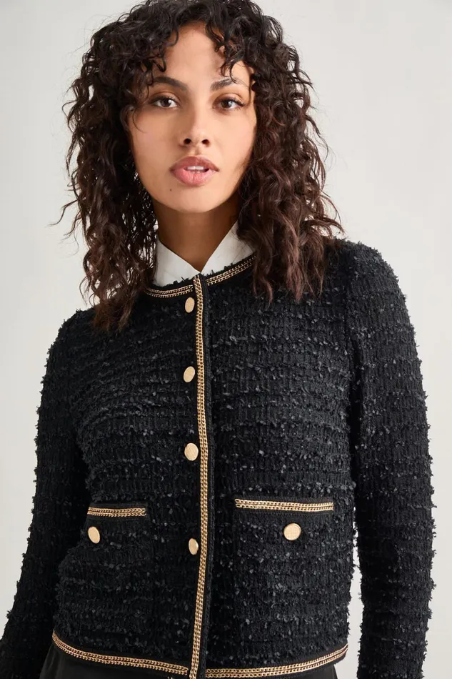 Misook Heritage Fit Double Chain Trim Eyelash Knit Jacket Women Jackets and Coats