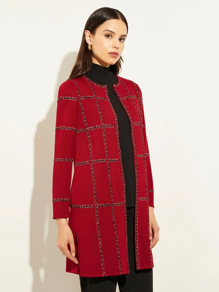 Misook Heritage Fit Tweed Trim Windowpane Knit Duster Women Jackets and Coats