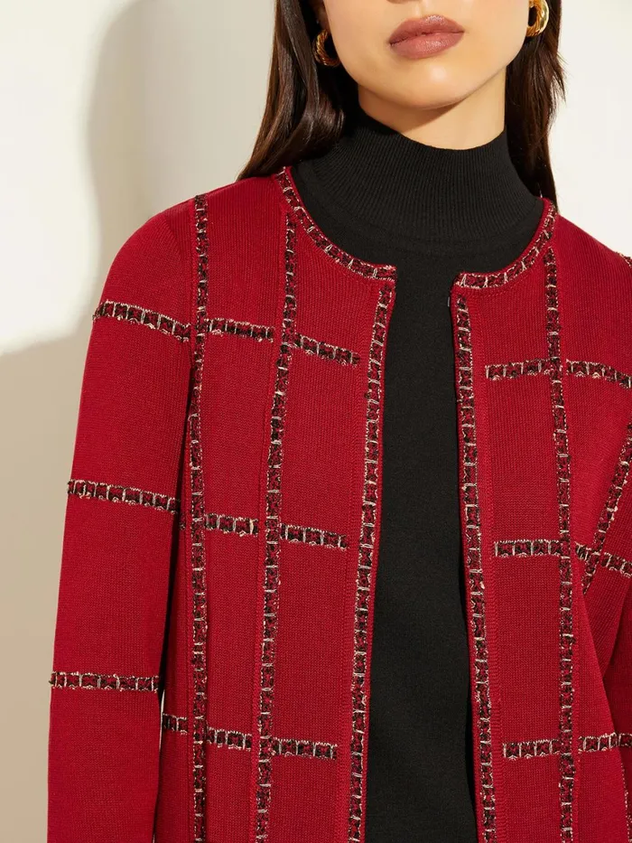 Misook Heritage Fit Tweed Trim Windowpane Knit Duster Women Jackets and Coats