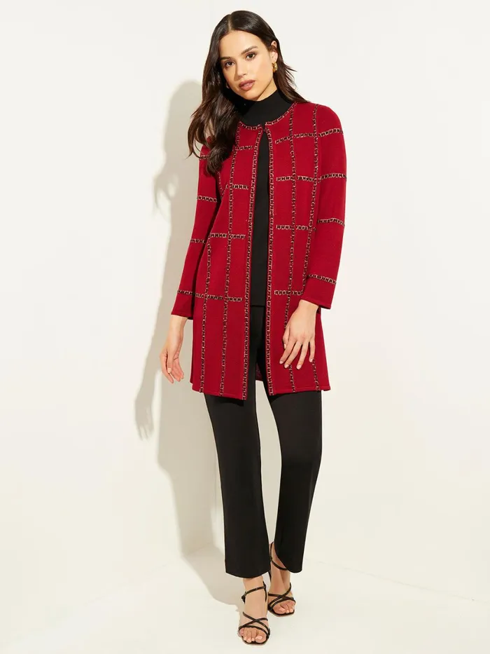 Misook Heritage Fit Tweed Trim Windowpane Knit Duster Women Jackets and Coats