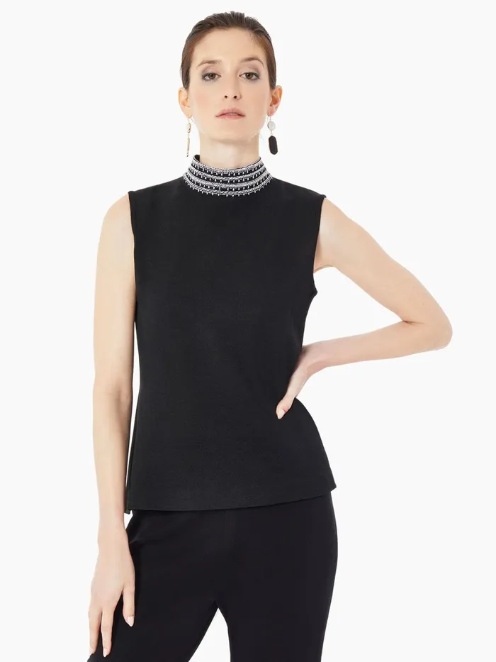 Misook Mock Neck Embroidered Trim Knit Tank Top Women Tops and Tees