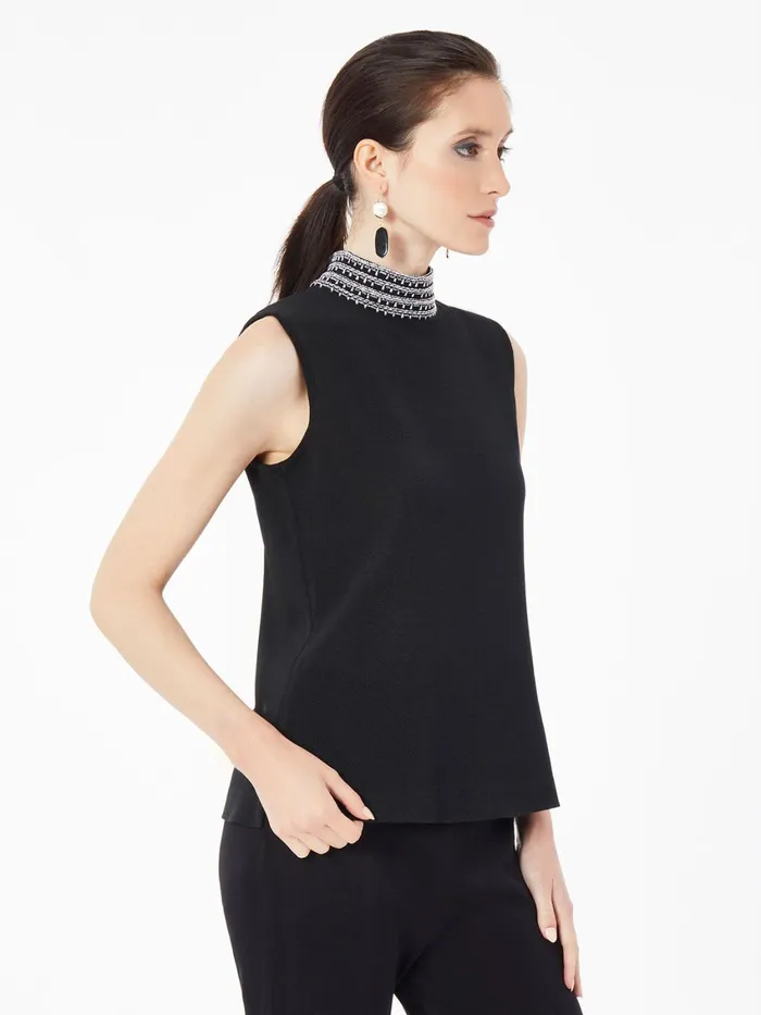 Misook Mock Neck Embroidered Trim Knit Tank Top Women Tops and Tees Misook Mock Neck Embroidered Trim Knit Tank Top Women Tops and Tees