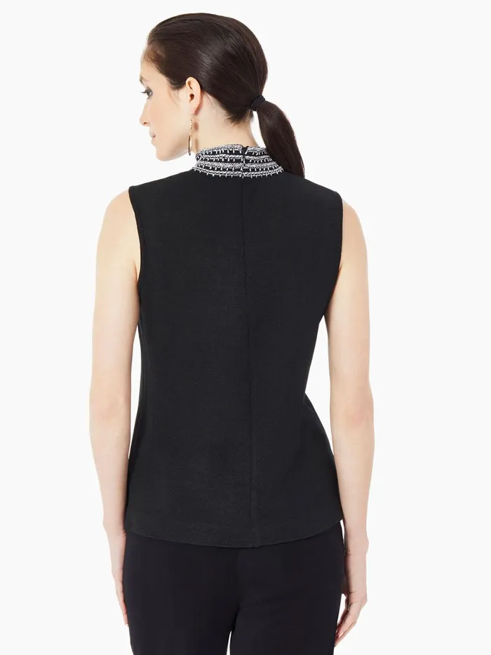 Misook Mock Neck Embroidered Trim Knit Tank Top Women Tops and Tees Misook Mock Neck Embroidered Trim Knit Tank Top Women Tops and Tees
