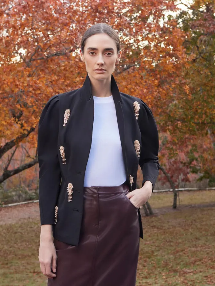 Misook Modern Fit Beaded Applique Button Front Blazer Women Jackets and Coats Misook Modern Fit Beaded Applique Button Front Blazer Women Jackets and Coats