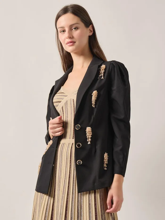 Misook Modern Fit Beaded Applique Button Front Blazer Women Jackets and Coats Misook Modern Fit Beaded Applique Button Front Blazer Women Jackets and Coats