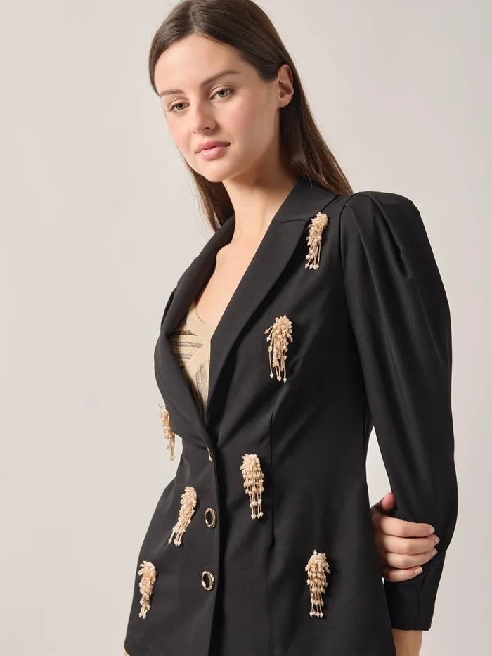 Misook Modern Fit Beaded Applique Button Front Blazer Women Jackets and Coats Misook Modern Fit Beaded Applique Button Front Blazer Women Jackets and Coats