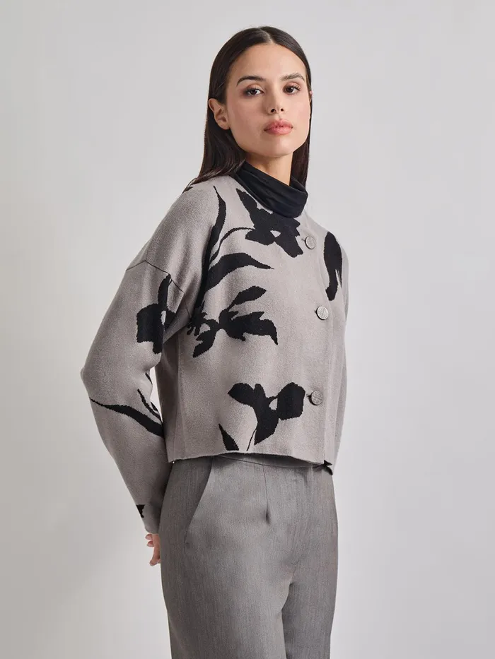 Misook Relaxed Fit Abstract Floral Soft Knit Jacket Women Jackets and Coats