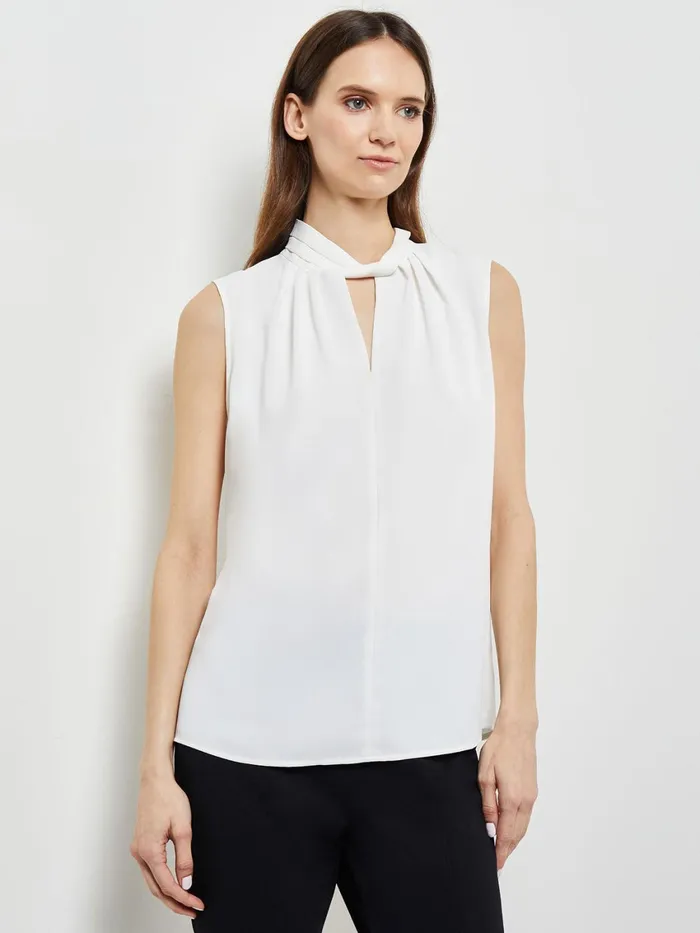 Misook Sleeveless Twist Neck Crepe De Chine Blouse Women Tops and Tees