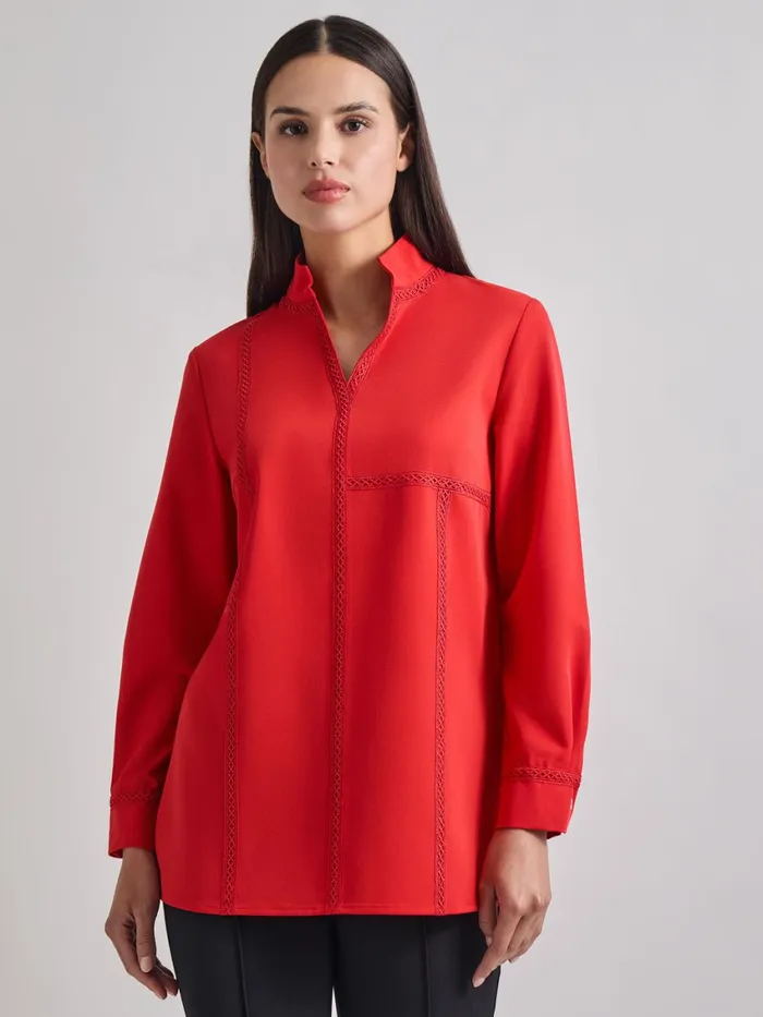 Misook Soutache Detail Tonal Stretch Crepe Tunic Women Tops and Tees
