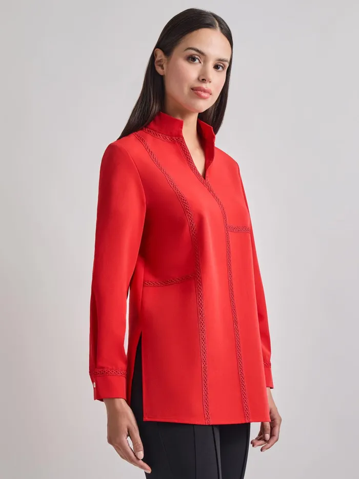 Misook Soutache Detail Tonal Stretch Crepe Tunic Women Tops and Tees