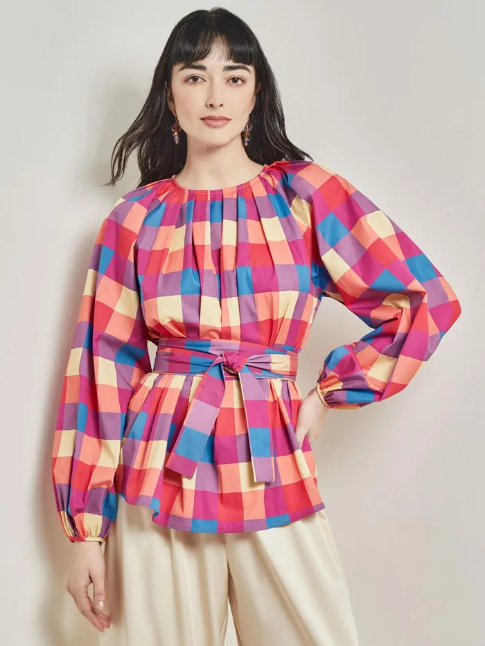 Misook Tie Waist Blouse 8211 Plaid Cotton Blend Women Tops and Tees
