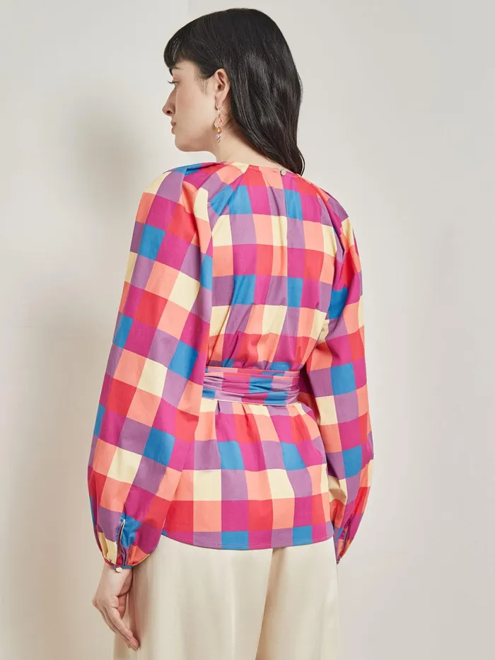 Misook Tie Waist Blouse 8211 Plaid Cotton Blend Women Tops and Tees Misook Tie Waist Blouse 8211 Plaid Cotton Blend Women Tops and Tees
