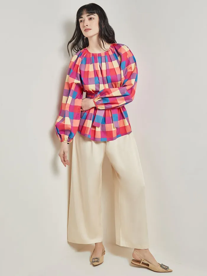 Misook Tie Waist Blouse 8211 Plaid Cotton Blend Women Tops and Tees Misook Tie Waist Blouse 8211 Plaid Cotton Blend Women Tops and Tees