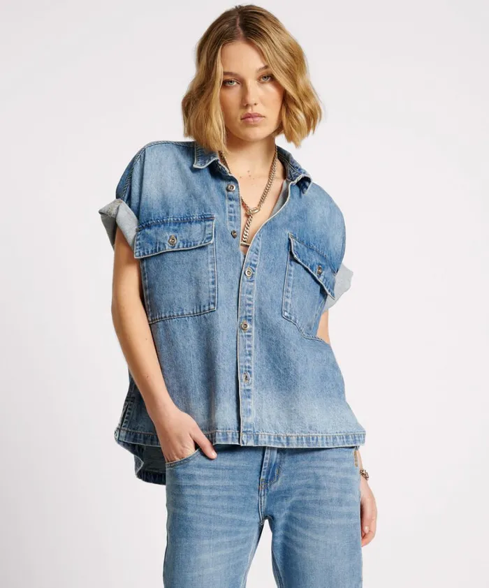 One Teaspoon Denim Shirts BLUE RAPTURE CUT OFF DENIM SHIRT 8211 Women
