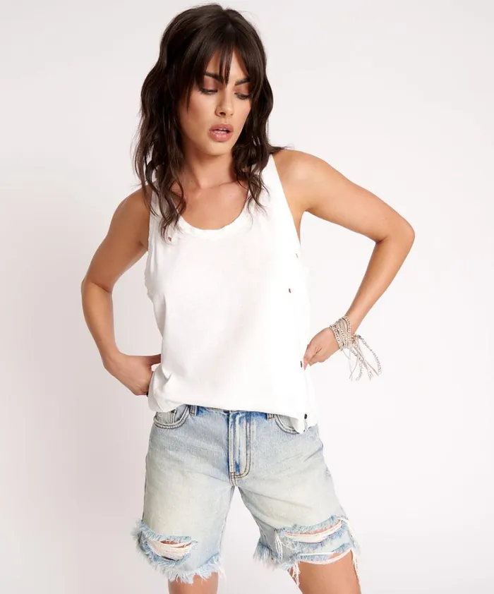 One Teaspoon Tees and Tanks WHITE RIBBED DISTRESSED DADDIO SINGLET 8211 Women