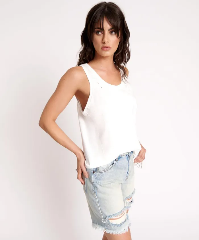 One Teaspoon Tees and Tanks WHITE RIBBED DISTRESSED DADDIO SINGLET 8211 Women