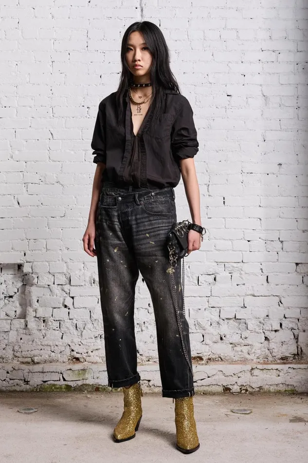 R13 Crossover Women GOLD SPLATTER CROSSOVER JEAN 8211 ETON SELVEDGE BLACK