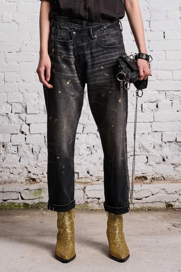 R13 Crossover Women GOLD SPLATTER CROSSOVER JEAN 8211 ETON SELVEDGE BLACK