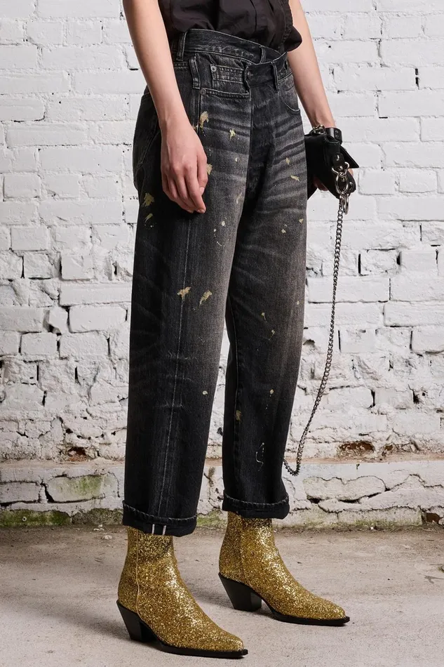 R13 Crossover Women GOLD SPLATTER CROSSOVER JEAN 8211 ETON SELVEDGE BLACK