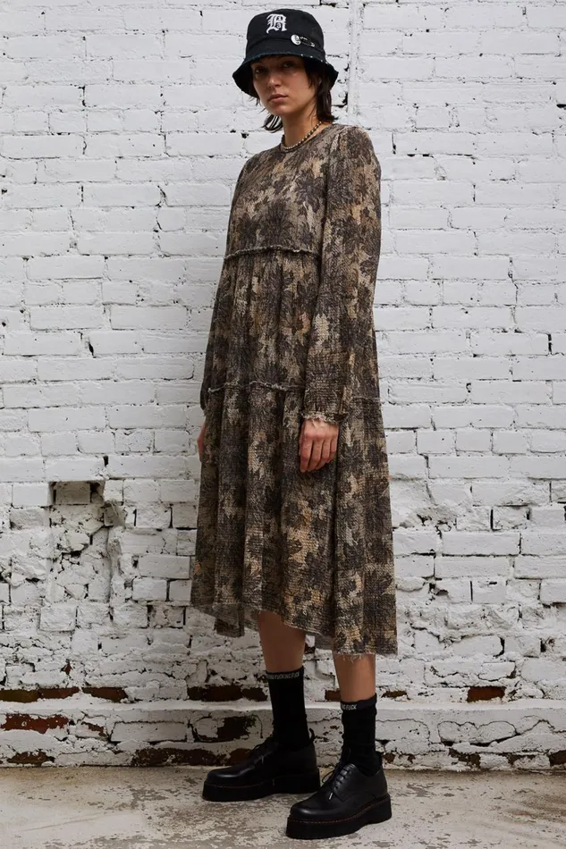 R13 Dresses and Skirts Women LONG SLEEVE SHREDDED RELAXED MIDI 8211 GREY LACE IMITATION