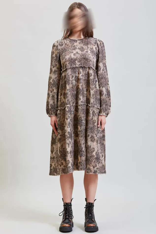 R13 Dresses and Skirts Women LONG SLEEVE SHREDDED RELAXED MIDI 8211 GREY LACE IMITATION