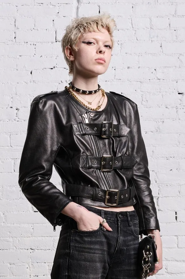 R13 Jackets and Coats Women BELTED MOTORCYCLE JACKET 8211 BLACK