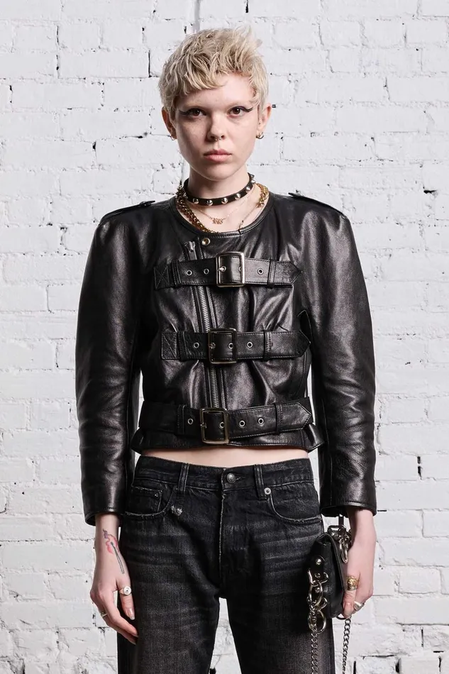 R13 Jackets and Coats Women BELTED MOTORCYCLE JACKET 8211 BLACK