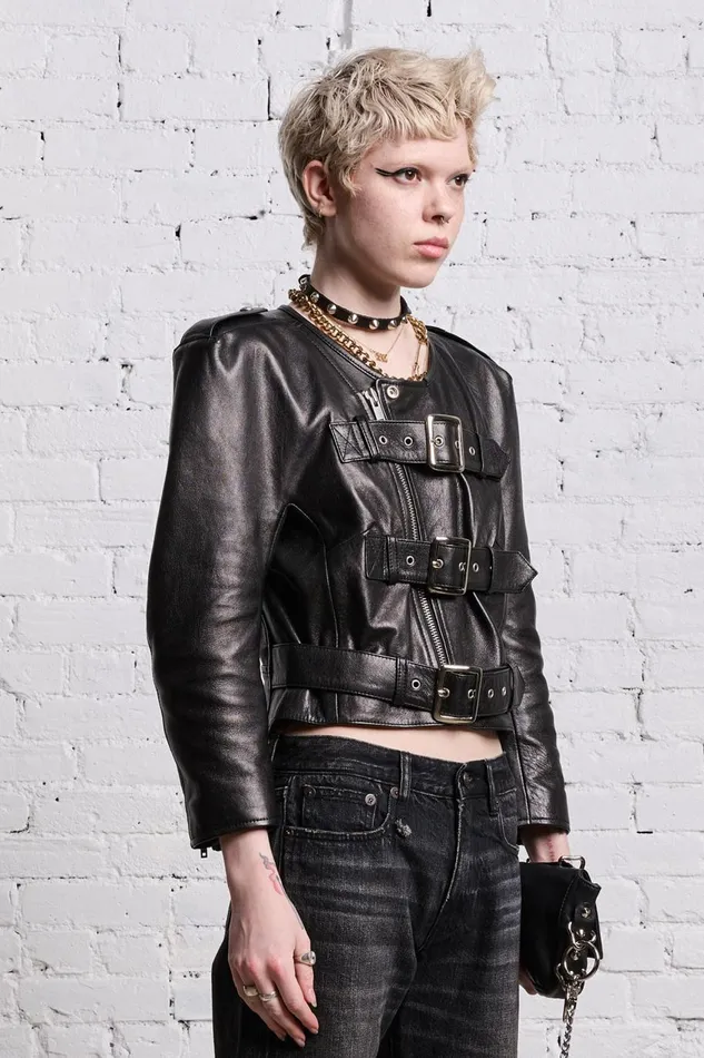 R13 Jackets and Coats Women BELTED MOTORCYCLE JACKET 8211 BLACK