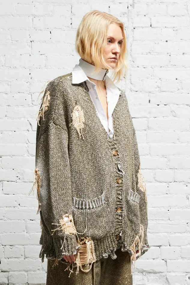 R13 Sale Women DISTRESSED JUMBO CARDIGAN 8211 PRINTED TWEED